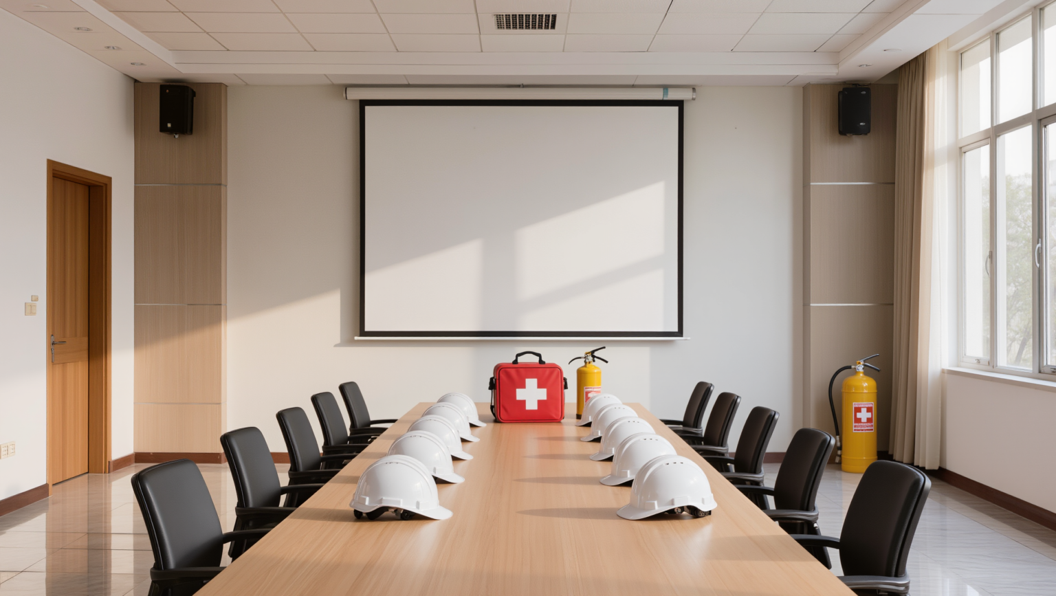 Aula di formazione con caschi, cassetta di primo soccorso ed estintore