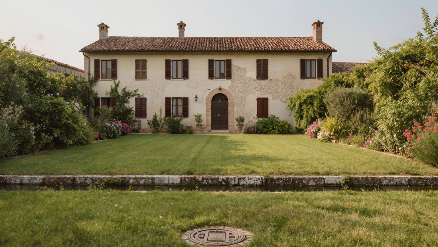 Casale di campagna con giardino e pozzetto d'ispezione nel prato