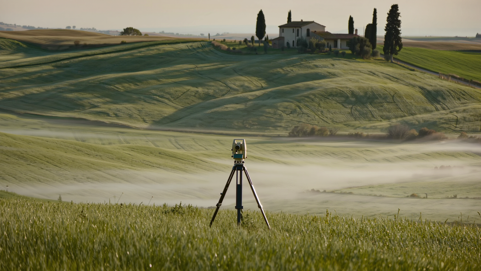 Stazione totale su treppiede tra le colline all'alba